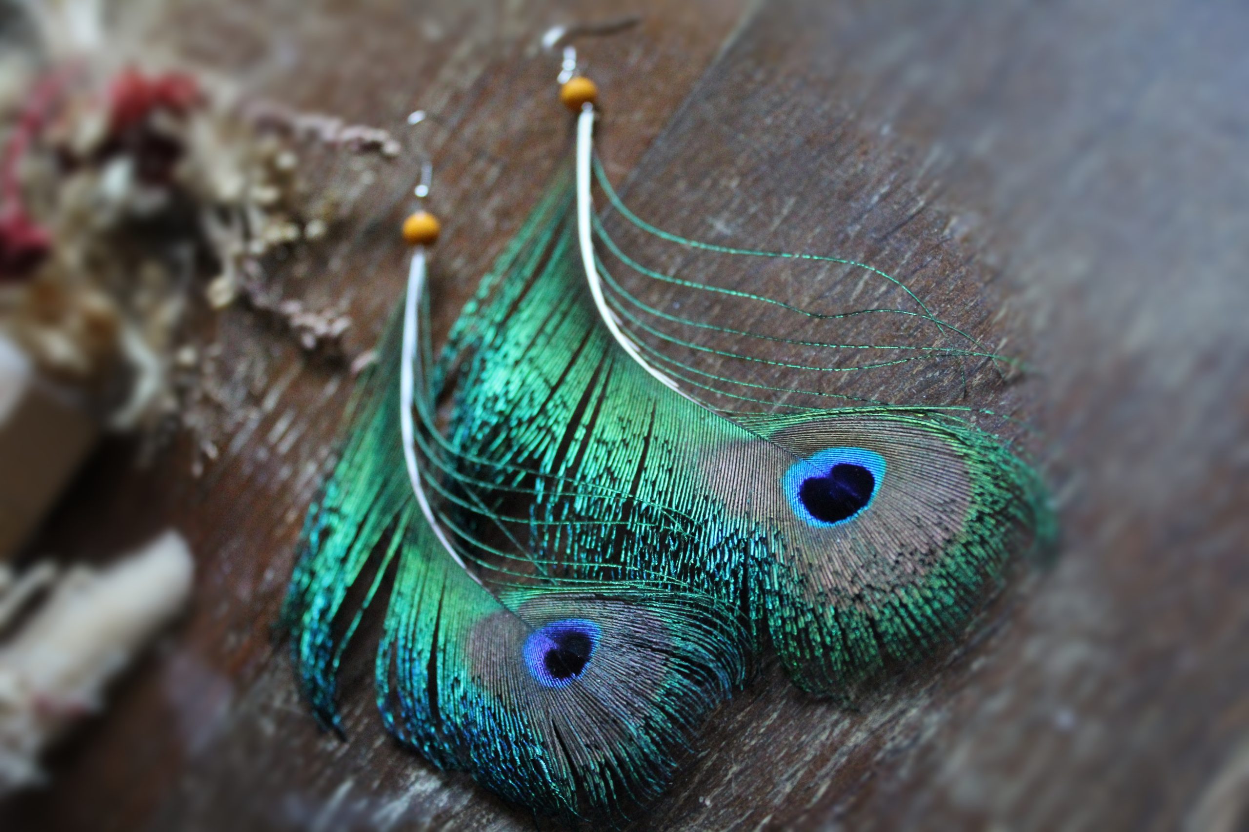 Grandes boucles d'oreilles plumes de paon et oeil et perles jaunes