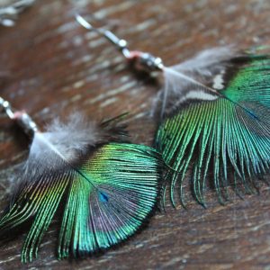 Boucles d'oreilles plumes de paon dégradé et irisé