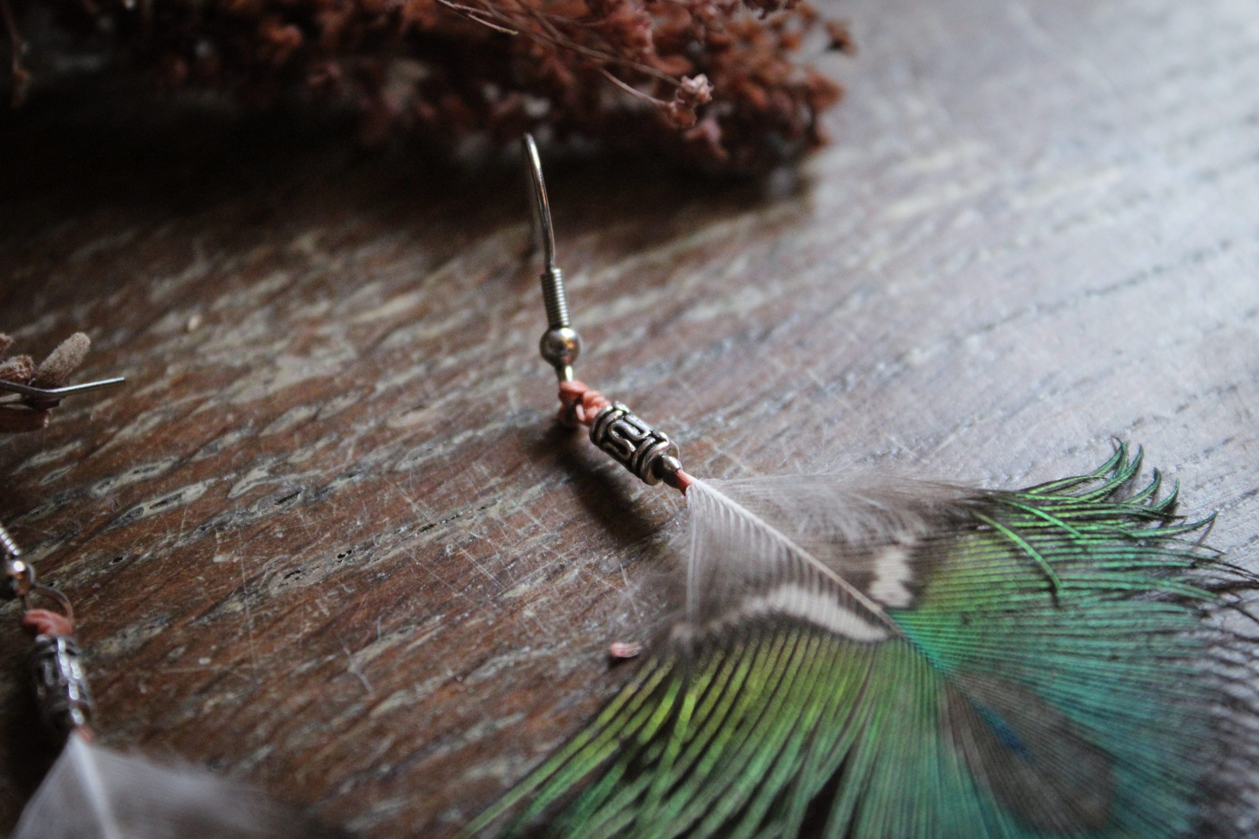 Boucles d'oreilles plumes de paon dégradé et irisé