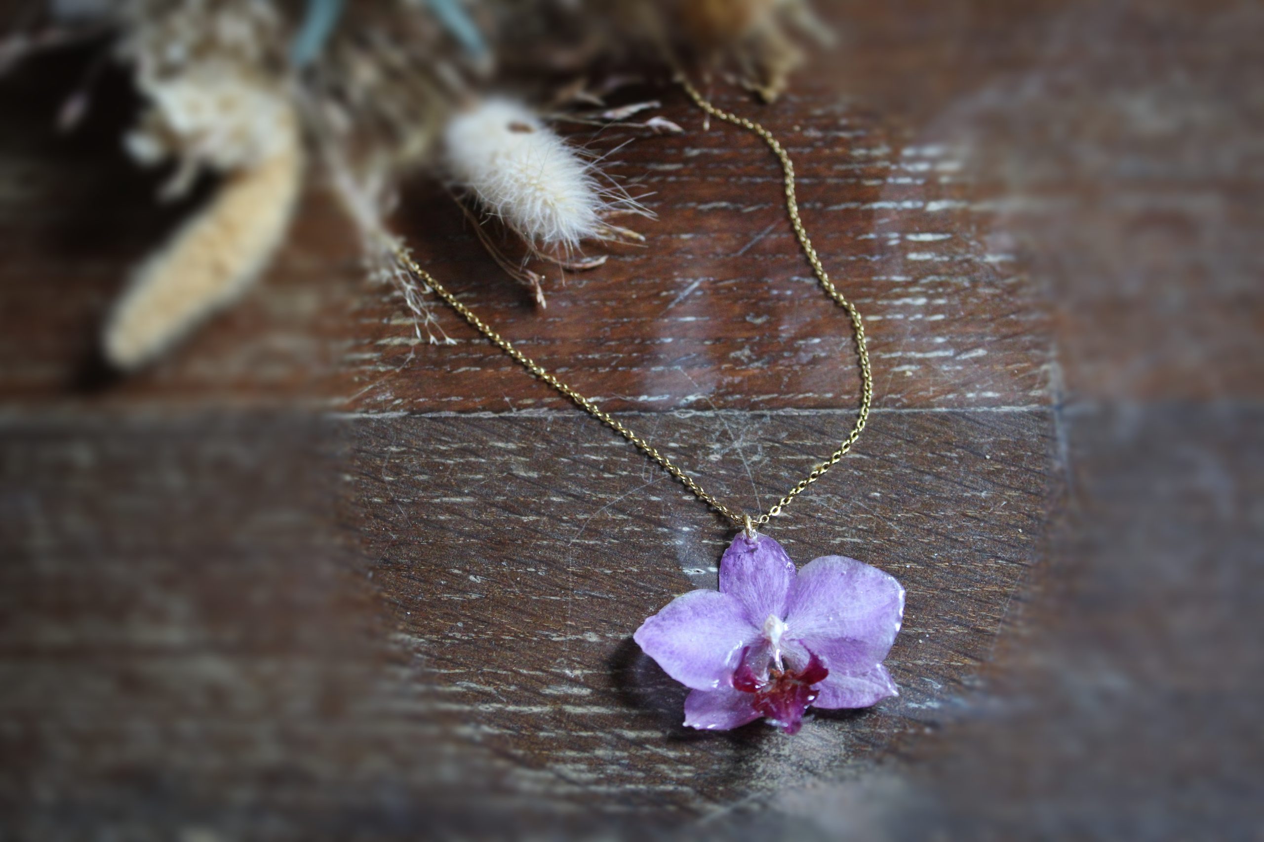 Collier avec une véritable orchidée résinée et chaîne dorée