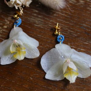 Boucles d'oreilles d'orchidées blanches séchées et macramé bleu